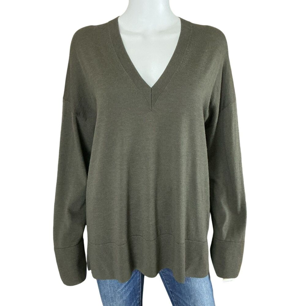 COS Women's Oversized Sweater Pullover Tunic SizeS 100% Wool Olive Green V-Neck